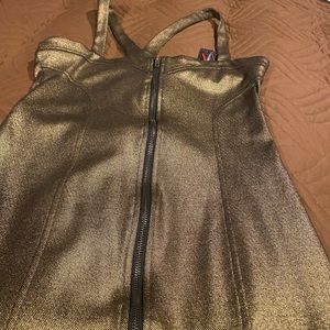 New Large Gold Ponte Open Back,  Front Zippered Dress